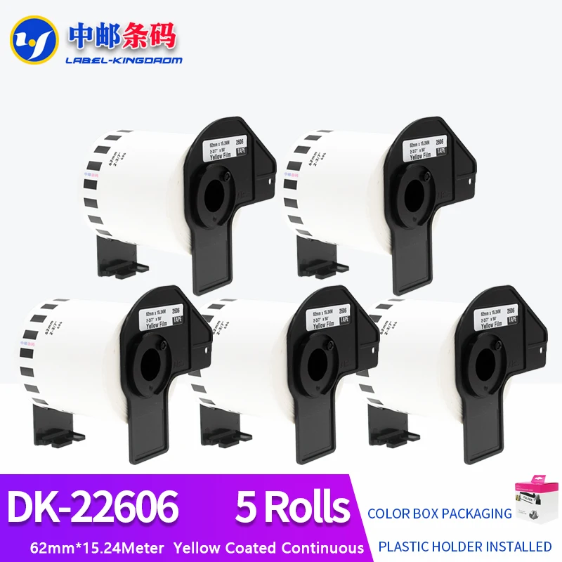 5 Rolls Compatible DK-22606 Yellow Film Label 62mm*15.24M Continuous For Brother Thermal Printer All Come With Plastic holder
5 Rolls Compatible DK-22606 Yellow Film Label 62mm*15.24M Continuous For Brother Thermal Printer All Come With Plastic holder