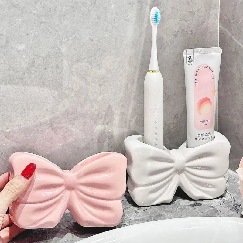 Bowknot Toothbrush Toothpaste Holder Creative Bathroom Washstand Ceramic Storage Rack Pink and White
Bowknot Toothbrush Toothpaste Holder Creative Bathroom Washstand Ceramic Storage Rack Pink and White
