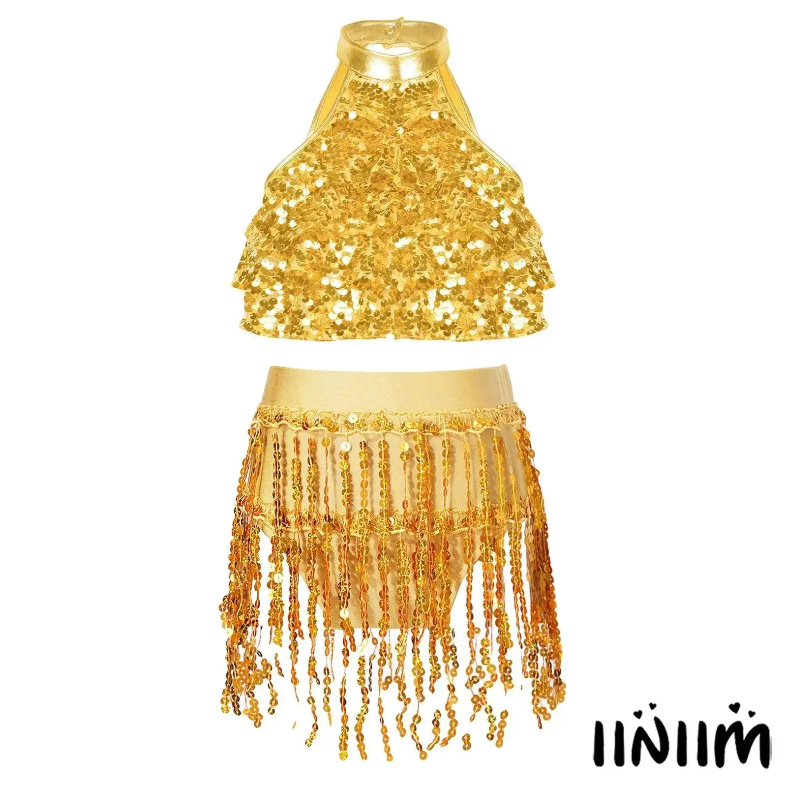 Kids Girls Latin Dance Outfits Sleeveless Sequins Crop Top with Elastic Waistband Sequin Tassel Briefs Party Stage Performance 
Kids Girls Latin Dance Outfits Sleeveless Sequins Crop Top with Elastic Waistband Sequin Tassel Briefs Party Stage Performance