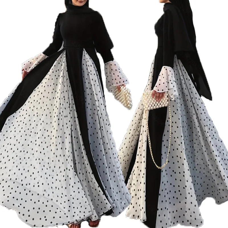 Мусульманское платье в Дубае, женское платье на Ближнем Востоке с круглым вырезом, контрастное шифоновое платье в горошек с рукавами-колокольчиками, длинное темпераментное элегантное платье
Мусульманское платье в Дубае, женское платье на Ближнем Востоке с круглым вырезом, контрастное шифоновое платье в горошек с рукавами-колокольчиками, длинное темпераментное элегантное платье