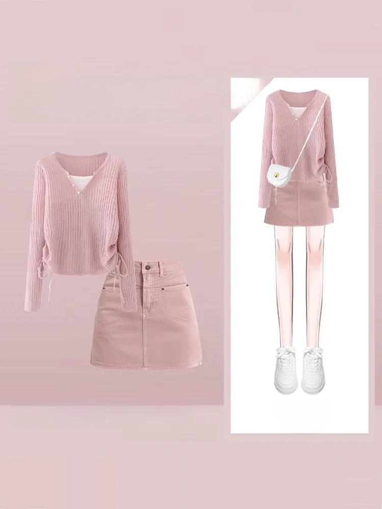 Pink Knitted Sweater And Denim Skirt Two-Piece Set for Women Ele Sweet Sle Winter Faion Outfit High Waist ort ...
Pink Knitted Sweater And Denim Skirt Two-Piece Set for Women Ele Sweet Sle Winter Faion Outfit High Waist ort ...