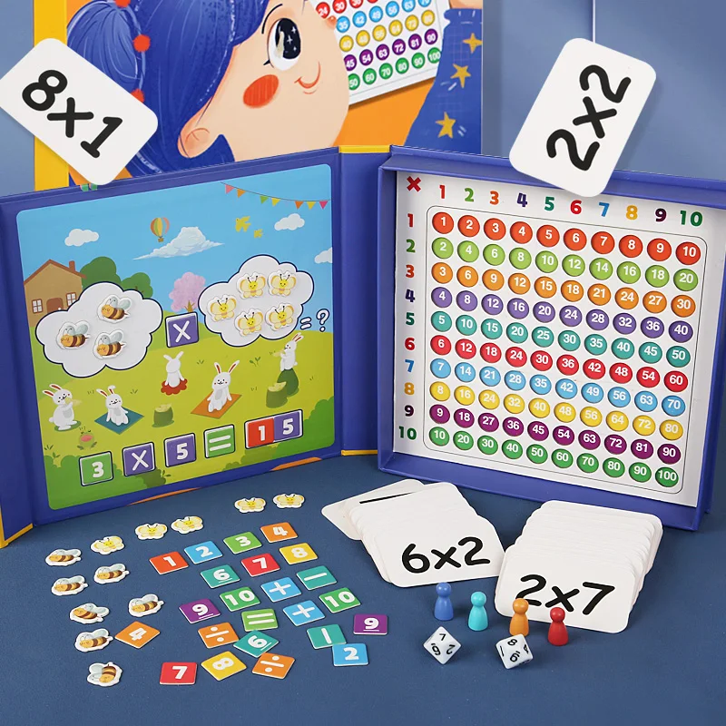 The number calculation box has 00 multiplication cards with magnetic stickers, four dwarfs, and two ten sided dice
The number calculation box has 00 multiplication cards with magnetic stickers, four dwarfs, and two ten sided dice