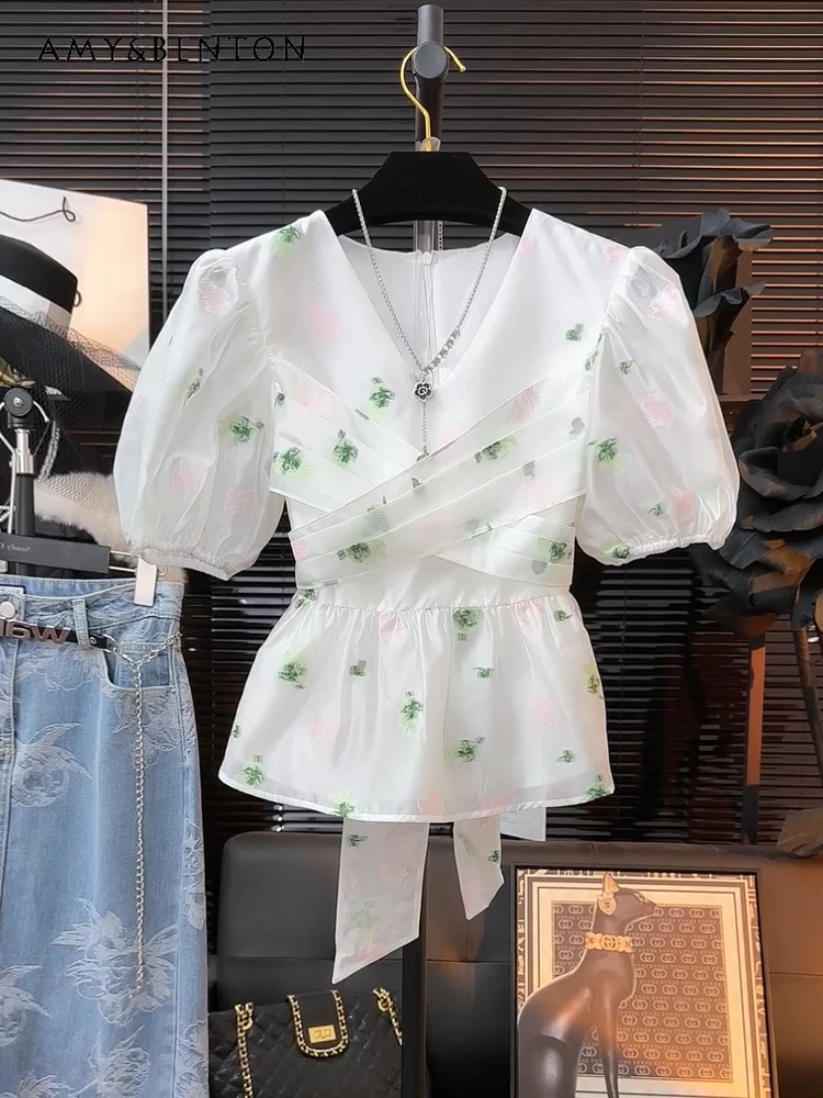 Fashion Floral Short Sleeve Chiffon Shirt Women Summer New Thin Commute Style Casual Puff Sleeve V-neck Cross Lace-up Shirts
Fashion Floral Short Sleeve Chiffon Shirt Women Summer New Thin Commute Style Casual Puff Sleeve V-neck Cross Lace-up Shirts