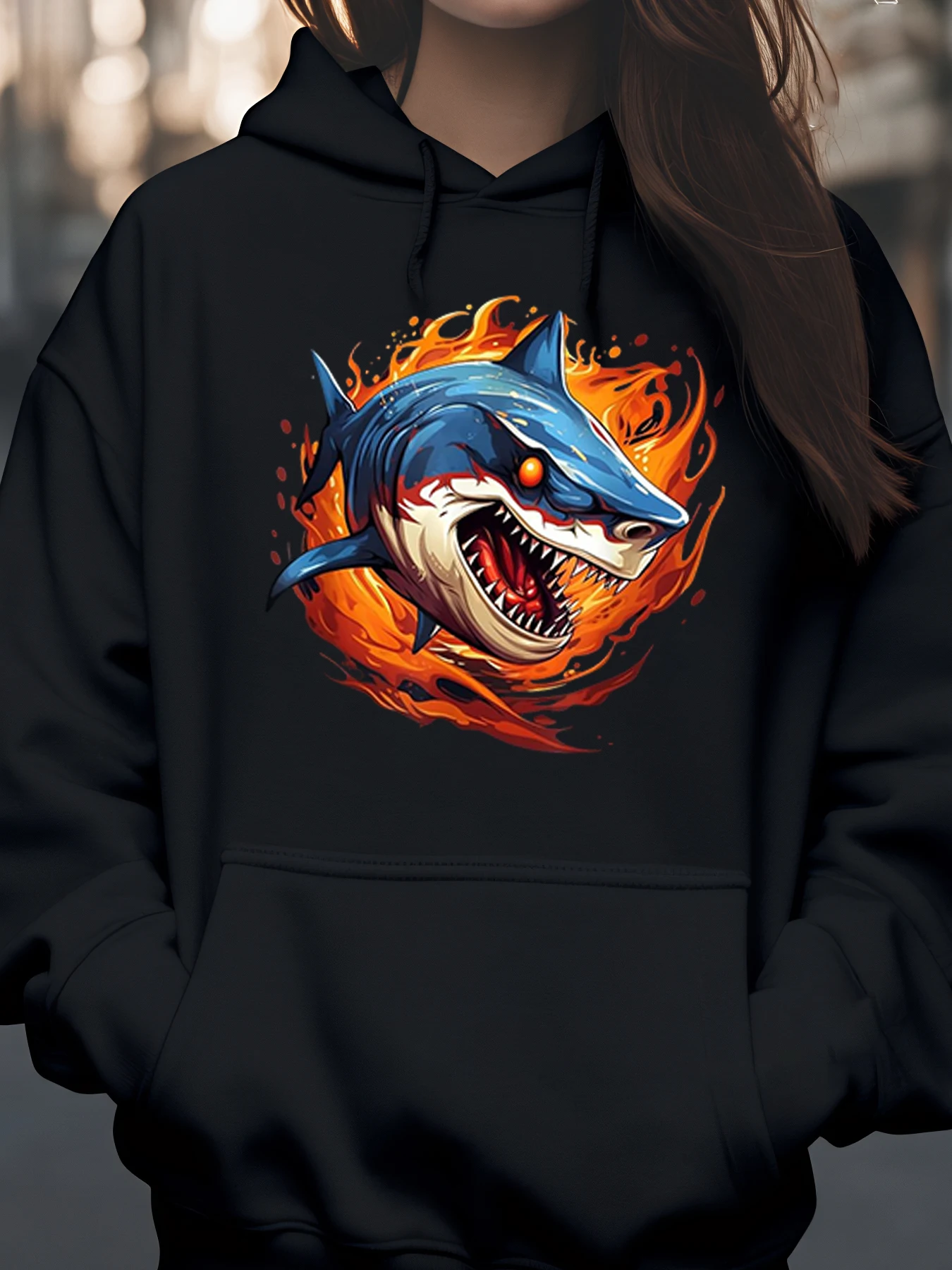 Толстовка с принтом пылающей акулы, повседневная одежда на Хэллоуин для женщин
Толстовка с принтом пылающей акулы, повседневная одежда на Хэллоуин для женщин