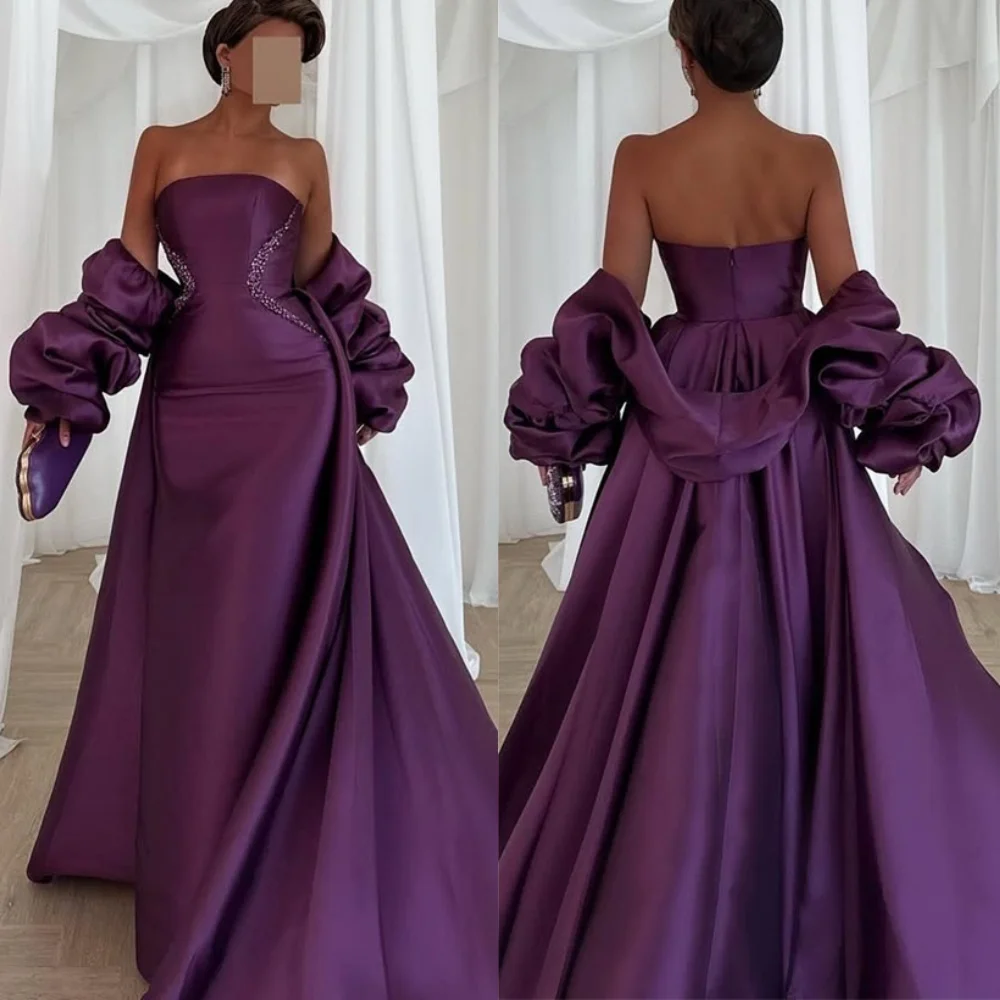 Customized Elegant Purple Satin Vestido De Festa High Quality Strapless Detachable Sleeve Panel Train Zipper Back Robe de soirée
Customized Elegant Purple Satin Vestido De Festa High Quality Strapless Detachable Sleeve Panel Train Zipper Back Robe de soirée