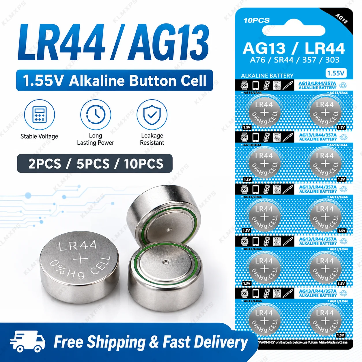 1.55V AG13 Button Battery LR44 A76 L1154 SR44 LR1154 357 303 SP76 Alkaline Coin Cell for Watch Toy Small Electronics
1.55V AG13 Button Battery LR44 A76 L1154 SR44 LR1154 357 303 SP76 Alkaline Coin Cell for Watch Toy Small Electronics