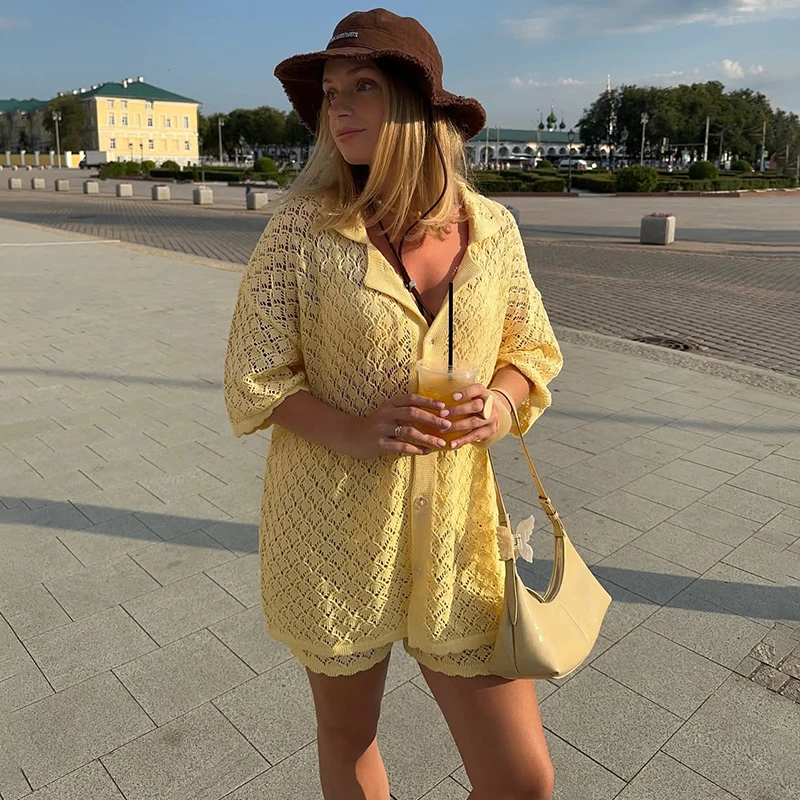Tornova Knitted Crochet Suit Female Hollow Sexy Cardigan T shirt Casual Shorts Beach Bikini Cover Up 2 Piece Set Summer Fashion
Tornova Knitted Crochet Suit Female Hollow Sexy Cardigan T shirt Casual Shorts Beach Bikini Cover Up 2 Piece Set Summer Fashion