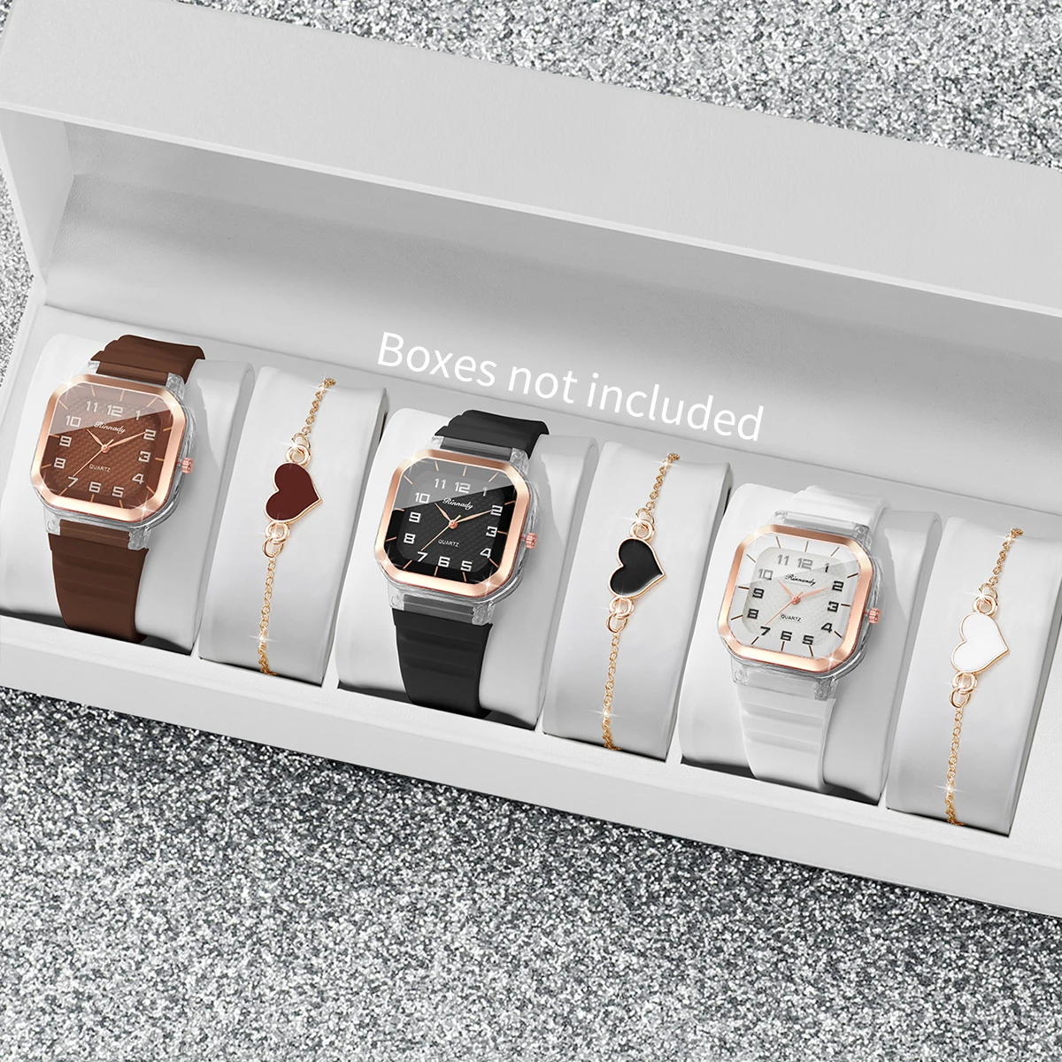 6 шт. модных квадратных женских часов с браслетами в виде сердечек, силиконовый ремешок, аналоговые кварцевые часы, женские часы (без коробки)
6 шт. модных квадратных женских часов с браслетами в виде сердечек, силиконовый ремешок, аналоговые кварцевые часы, женские часы (без коробки)