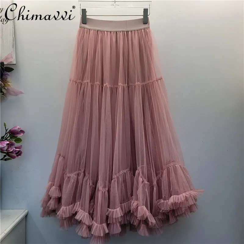 French Elegant Fashion Mesh Skirts Elastic High Waist Sweet Versatile Ruffled Splicing A-line Long Skirt for Women Summer 2026
French Elegant Fashion Mesh Skirts Elastic High Waist Sweet Versatile Ruffled Splicing A-line Long Skirt for Women Summer 2026