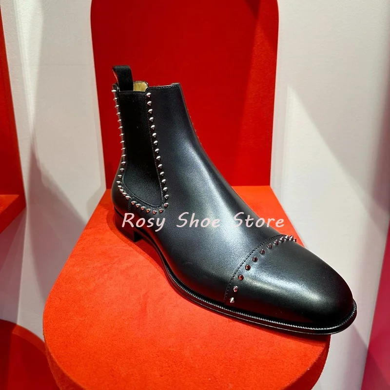 Black Leather Metal Studs Line Design Ankle Boots Small Round Toe Braided Belt Splicing Slip On Short Boots Men's Trench Boots
Black Leather Metal Studs Line Design Ankle Boots Small Round Toe Braided Belt Splicing Slip On Short Boots Men's Trench Boots
