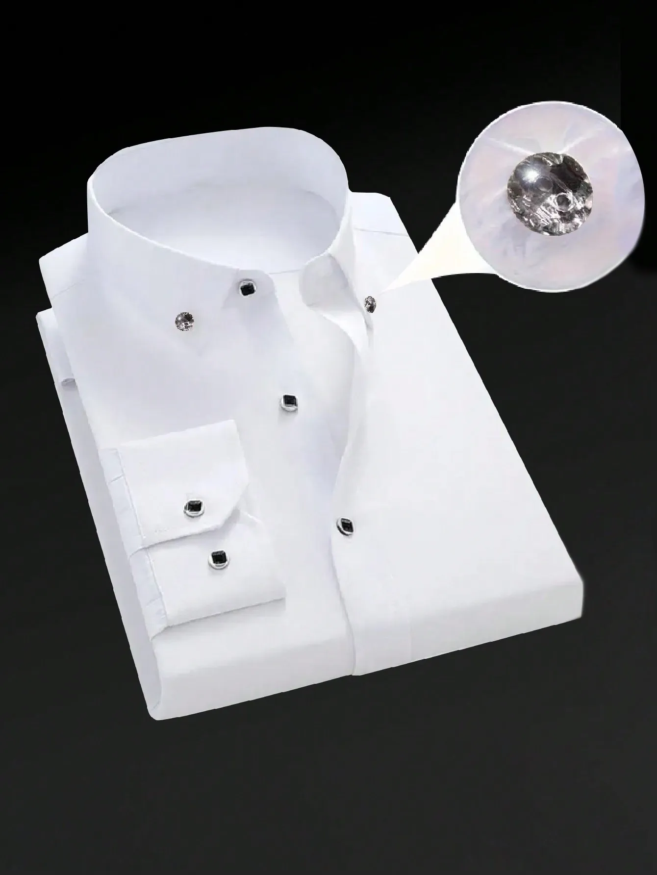 Men's White Formal Shirt with Rhinestone Buttons, Long Sleeve, All-Season
Men's White Formal Shirt with Rhinestone Buttons, Long Sleeve, All-Season