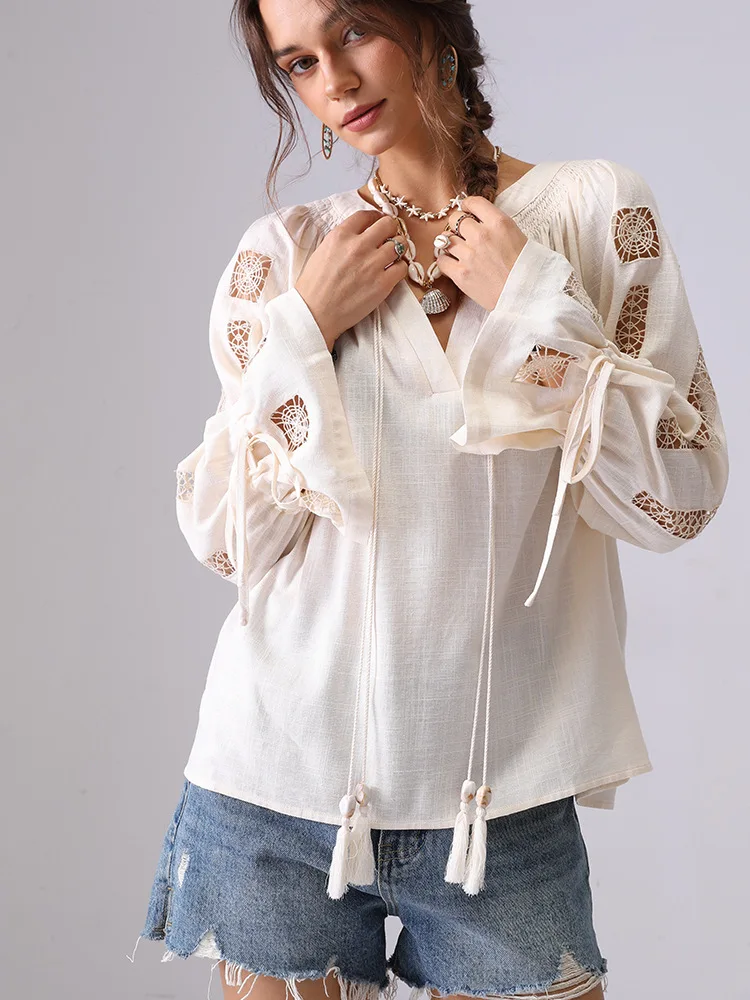 2025 New Spring And Summer V-neck Long-sleeved Top Drawstring Tassel Lace Women's Shirt Bohemian Flower Embroidered Blouse Shirt
2025 New Spring And Summer V-neck Long-sleeved Top Drawstring Tassel Lace Women's Shirt Bohemian Flower Embroidered Blouse Shirt