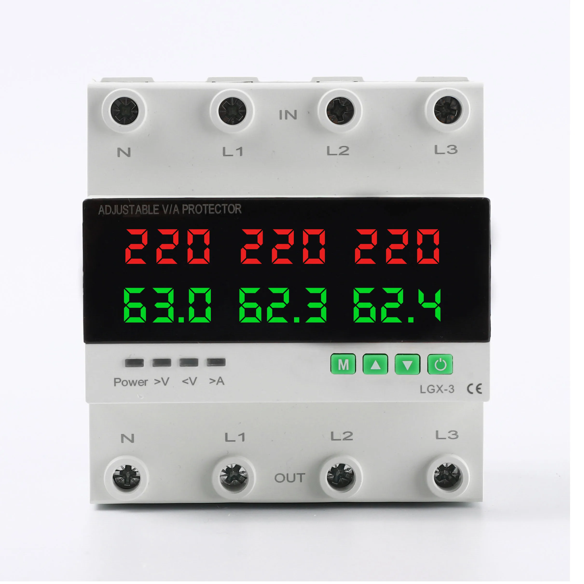 3-phase overvoltage, undervoltage, overcurrent, phase loss protector, current limiter with adjustable delay 63A, overload 380V
3-phase overvoltage, undervoltage, overcurrent, phase loss protector, current limiter with adjustable delay 63A, overload 380V