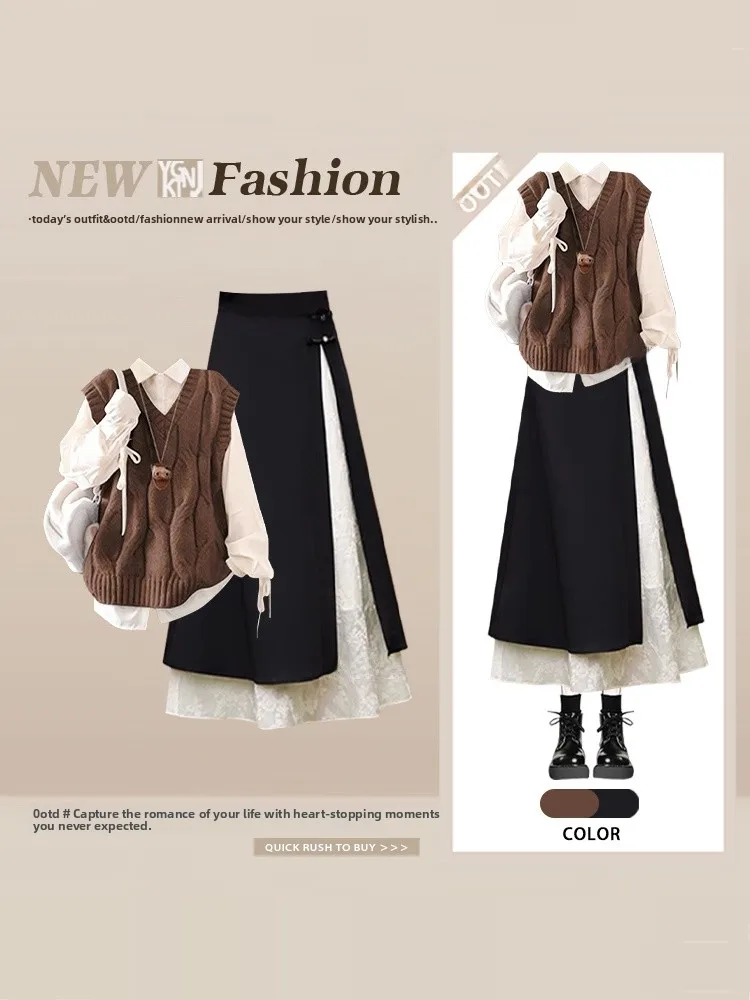 Women's Knitted Vest Shirt Set A-Line Skirt Color Block Winter Fashion Casual Style High Waist Long Sleeve Collar
Women's Knitted Vest Shirt Set A-Line Skirt Color Block Winter Fashion Casual Style High Waist Long Sleeve Collar