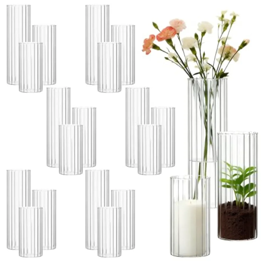 Set of 18 Ribbed Glass Cylinder Vases for Centerpieces - 2.6 Diameter Clear Bud Vases, Floral Wedding Decoration, Hurricane Can
Set of 18 Ribbed Glass Cylinder Vases for Centerpieces - 2.6 Diameter Clear Bud Vases, Floral Wedding Decoration, Hurricane Can