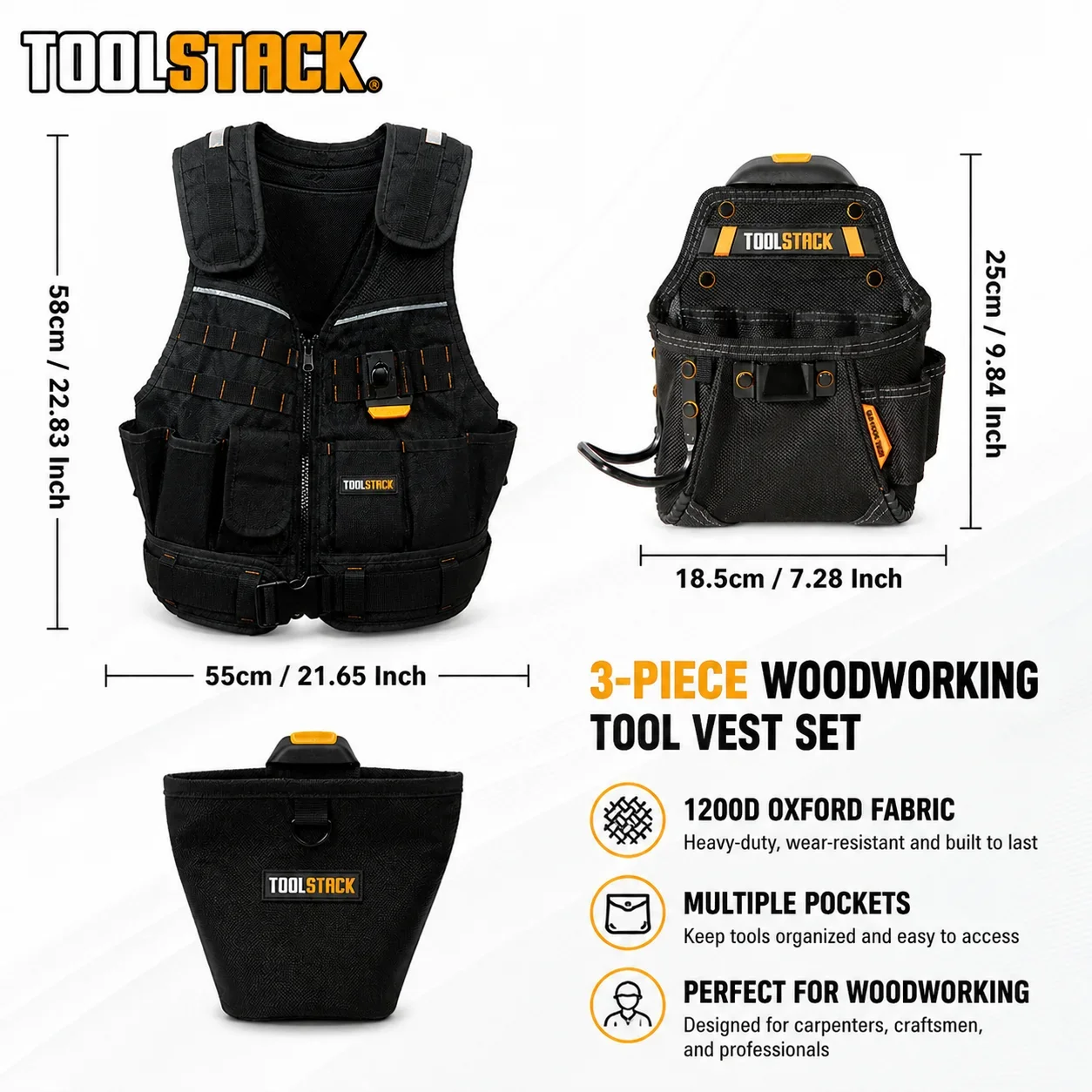 TOOLSTACK 3PCS Woodworking Tool Vest Set 1200D Oxford Fabric Multi-Pocket Utility Vest with Tool Pouch & Belt Holster for Carpen
TOOLSTACK 3PCS Woodworking Tool Vest Set 1200D Oxford Fabric Multi-Pocket Utility Vest with Tool Pouch & Belt Holster for Carpen