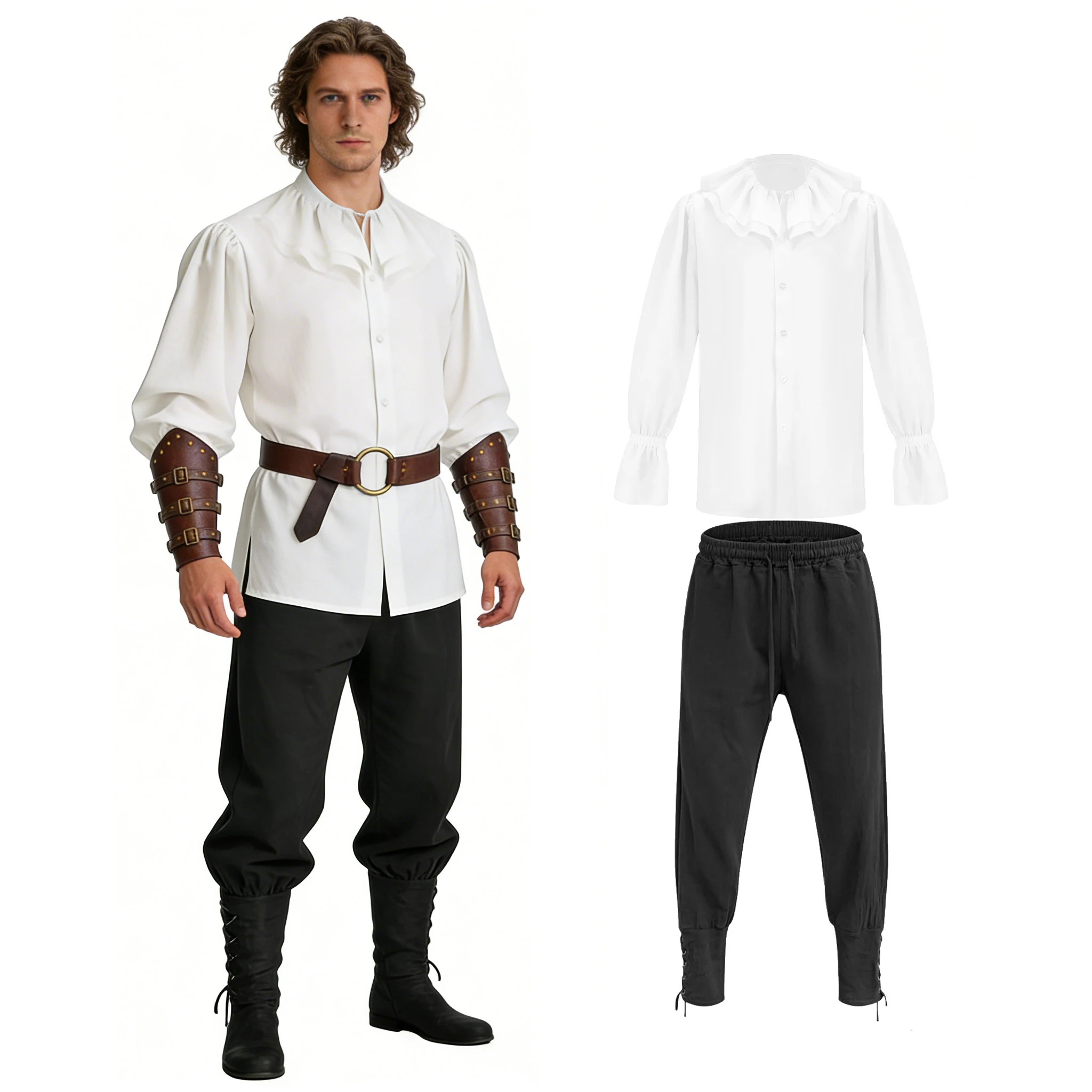 Men'S Renaissance Pirate Costume Medieval Victorian Ruffle Shirt Drawstring Pants with Accessory Set For Halloween Larp Party