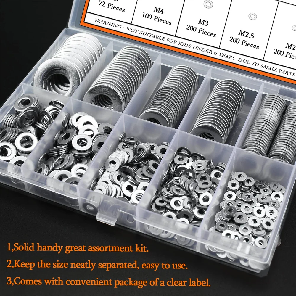 600/900pcs 304 Stainless Steel Flat Washers Assorted Kit for Screws Bolts, Lock Metal Washers (M2 M2.5 M3 M4 M5 M6 M8 M10 M12)
600/900pcs 304 Stainless Steel Flat Washers Assorted Kit for Screws Bolts, Lock Metal Washers (M2 M2.5 M3 M4 M5 M6 M8 M10 M12)