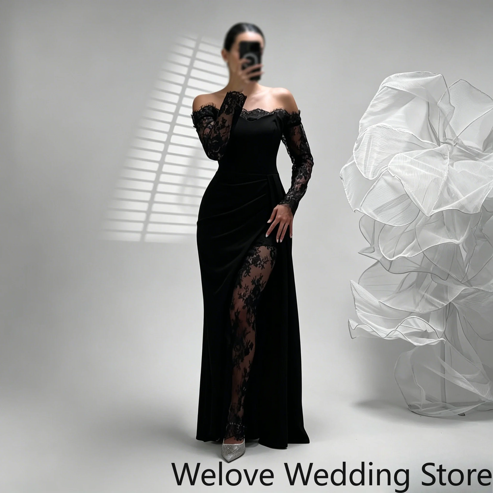 Customized Gothic Chic Evening Dress Featuring Off Shoulder Scalloped Floral Lace Long Sleeves, Solid Crepe Fitted Bodice
Customized Gothic Chic Evening Dress Featuring Off Shoulder Scalloped Floral Lace Long Sleeves, Solid Crepe Fitted Bodice