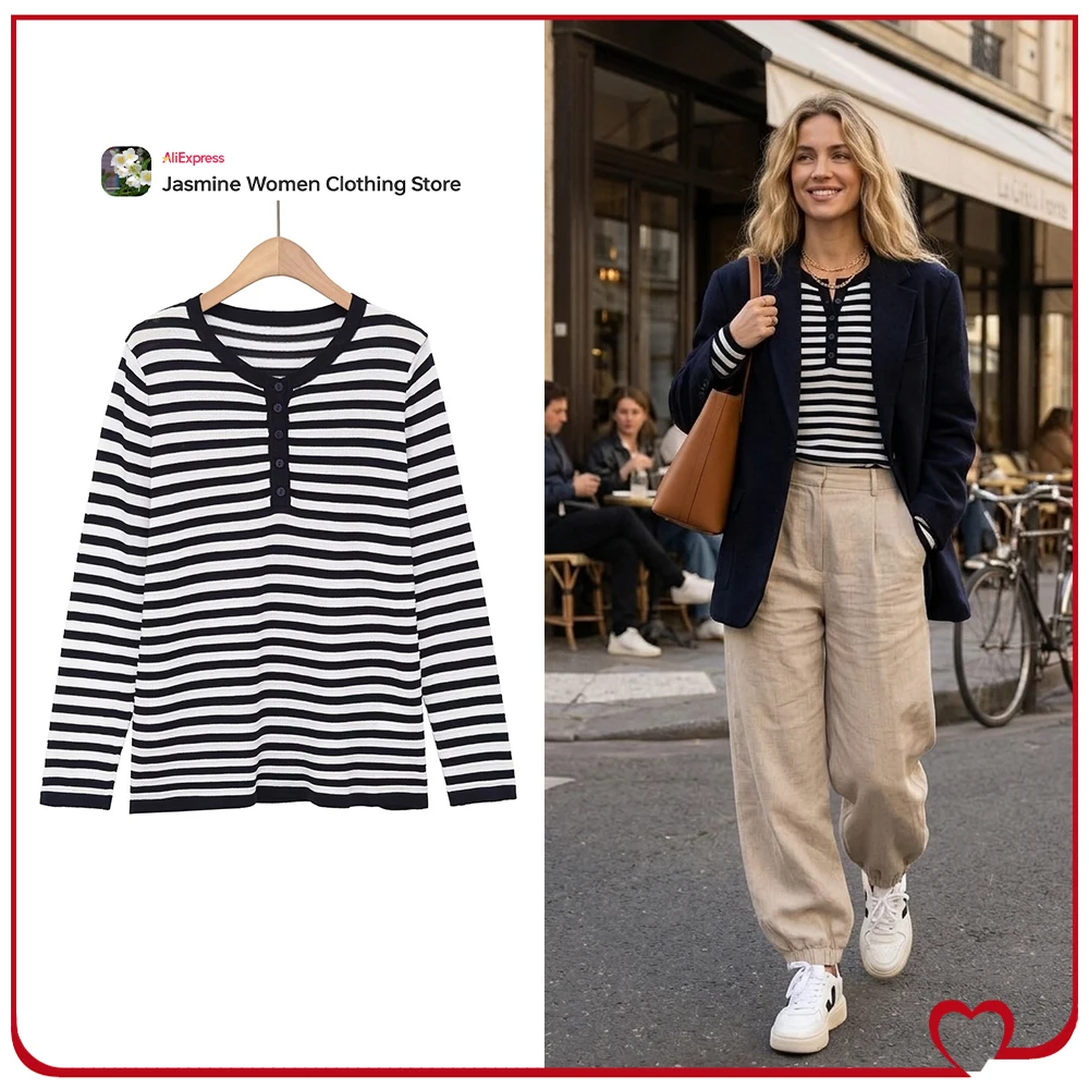 Spring Classic Striped Button Sweaters for Women New in Long Sleeves Pullovers Casual Round Neck Knitted Tops with Front Buttons
Spring Classic Striped Button Sweaters for Women New in Long Sleeves Pullovers Casual Round Neck Knitted Tops with Front Buttons