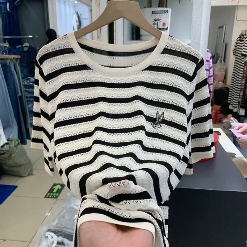 Korean Commute Summer T-Shirts Women's Round Neck Striped Contrast Color Hollow Out Fashion Loose Knitted Short Sleeve Tops
Korean Commute Summer T-Shirts Women's Round Neck Striped Contrast Color Hollow Out Fashion Loose Knitted Short Sleeve Tops