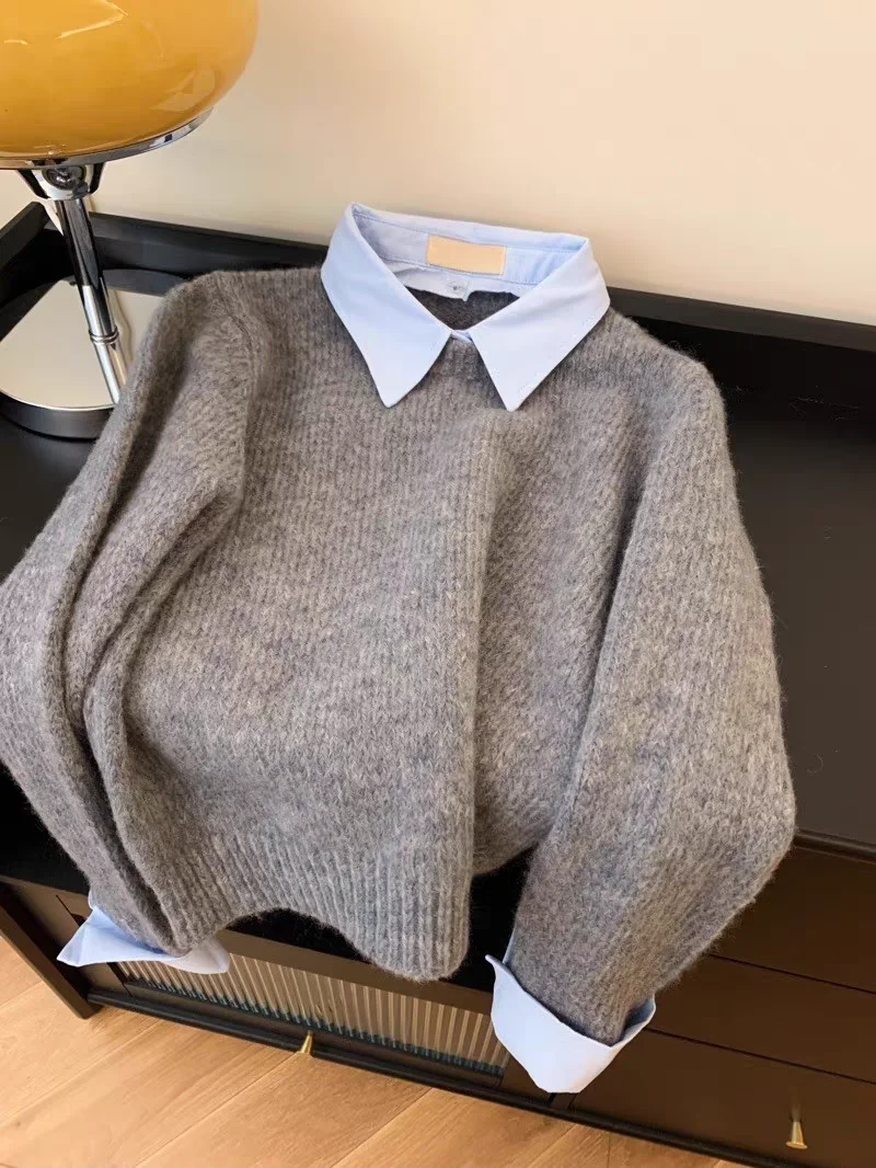 Women's Knitted Neck Sweater Shirt Collar Inner Wear Contrast Color Turn-down Collar Grey Loose Fit Autumn Winter Top
Women's Knitted Neck Sweater Shirt Collar Inner Wear Contrast Color Turn-down Collar Grey Loose Fit Autumn Winter Top