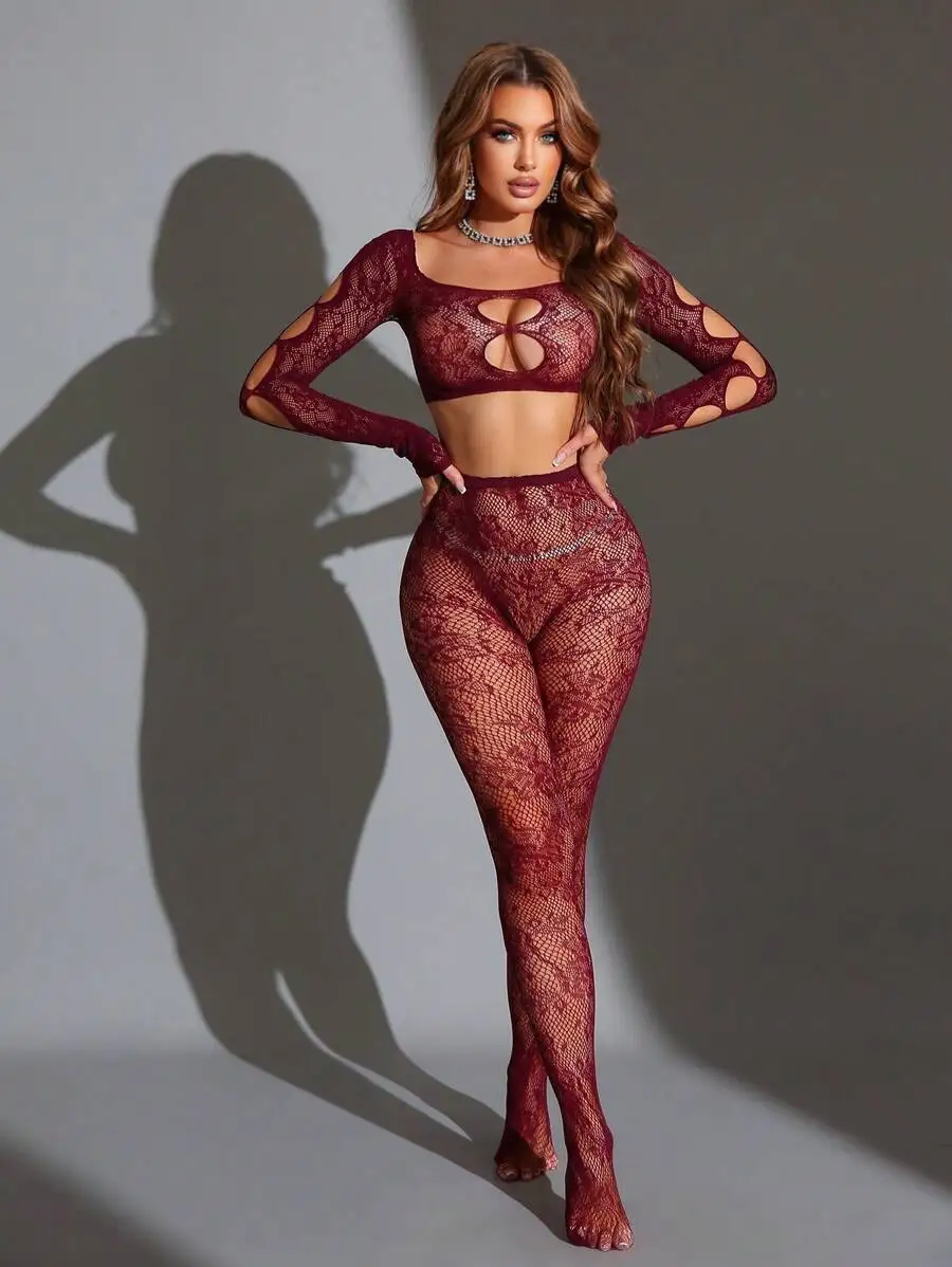 Burgundy Lace Cut-Out Bodysuit with Long Sleeves and High-Waisted Tights
Burgundy Lace Cut-Out Bodysuit with Long Sleeves and High-Waisted Tights