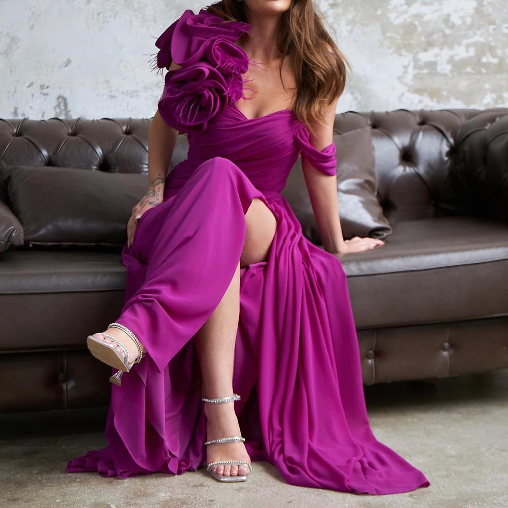 Customized Modern Panel Train Side Slit Pleats Flowers Feathers Party Gowns Elegant Straight Off the Shoulder Evening Dresses
Customized Modern Panel Train Side Slit Pleats Flowers Feathers Party Gowns Elegant Straight Off the Shoulder Evening Dresses