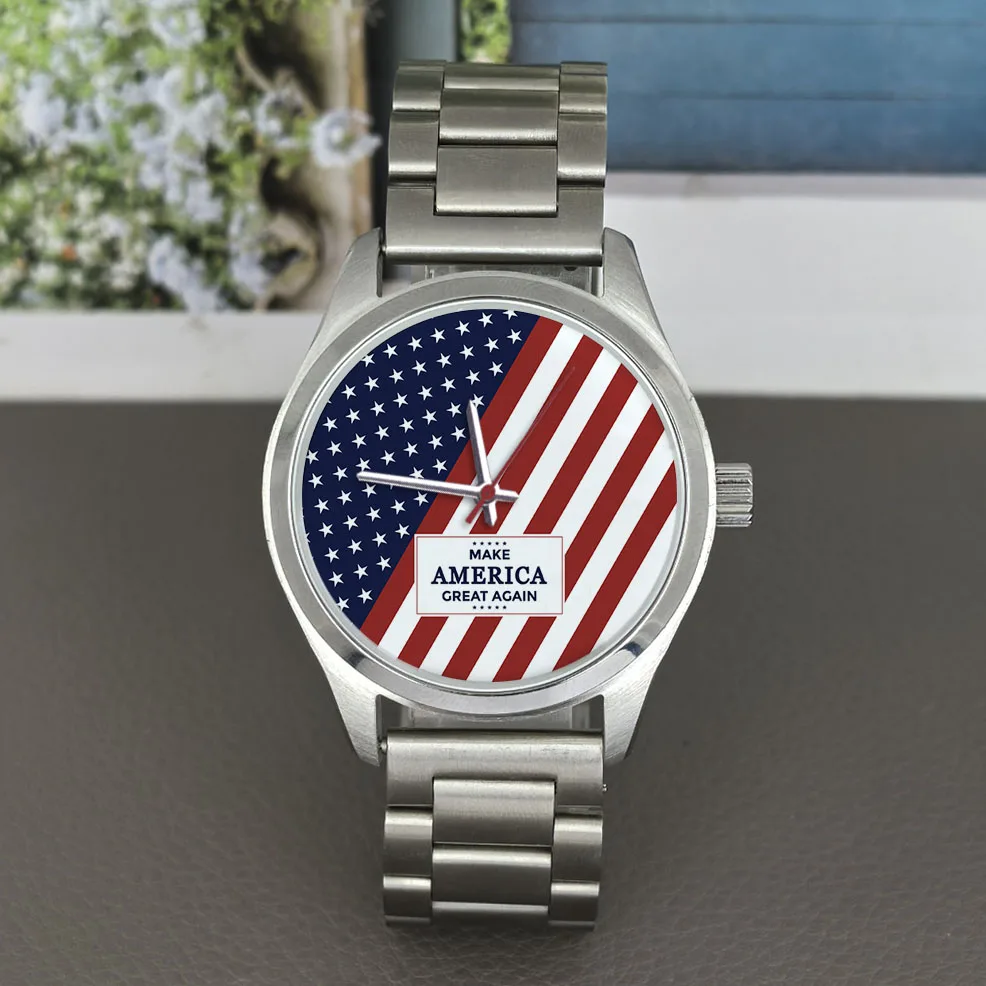 Персонализированные часы унисекс Make America снова великим, флаг циферблата, 5 бар, водонепроницаемый стальной корпус, кожаный силиконовый ремешок, настраиваемый
Персонализированные часы унисекс Make America снова великим, флаг циферблата, 5 бар, водонепроницаемый стальной корпус, кожаный силиконовый ремешок, настраиваемый