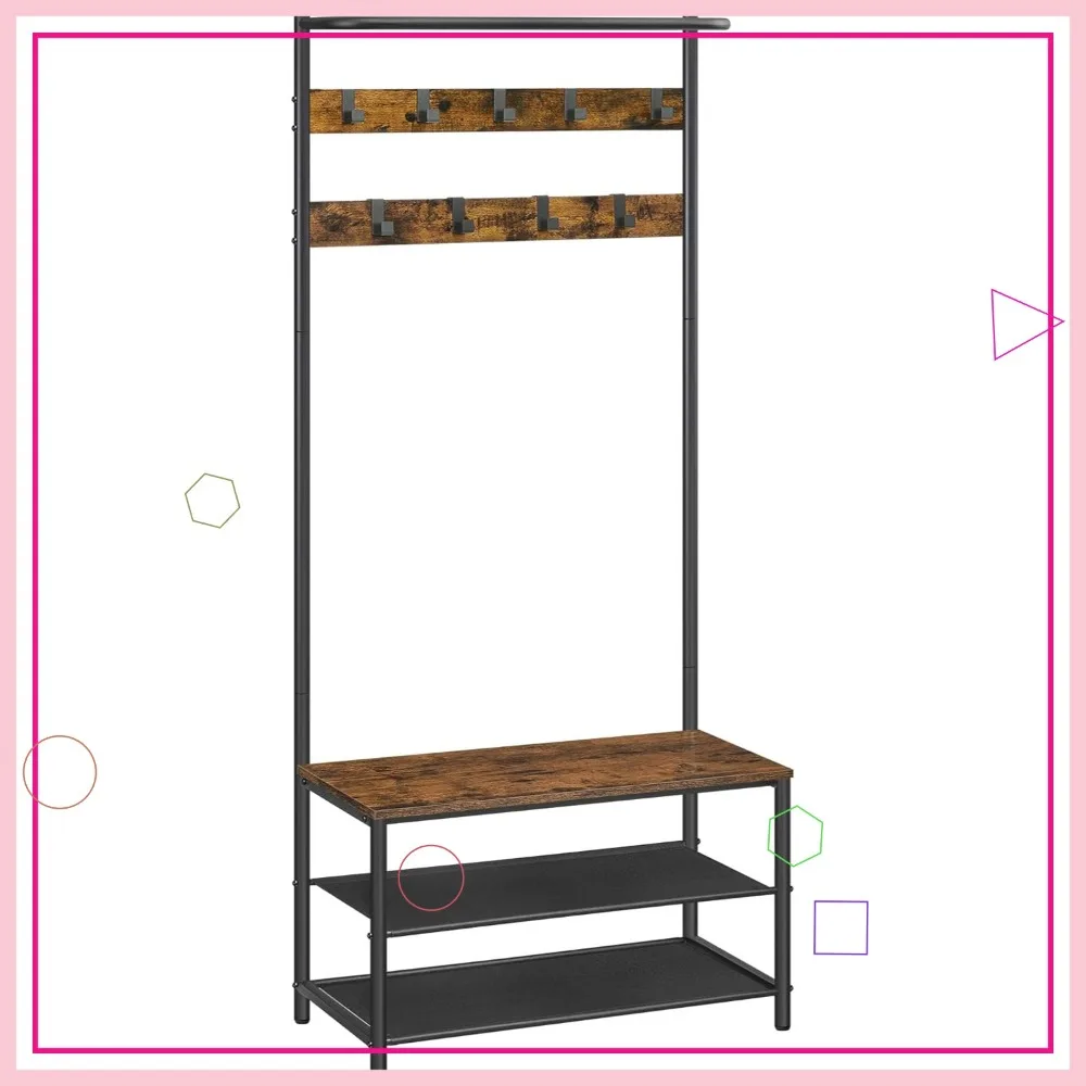 Промышленная вешалка для прихожей в стиле рустик со скамейкой, полками для обуви, 9 крючками и тканевыми полками, коричневого и черного цветов
Промышленная вешалка для прихожей в стиле рустик со скамейкой, полками для обуви, 9 крючками и тканевыми полками, коричневого и черного цветов