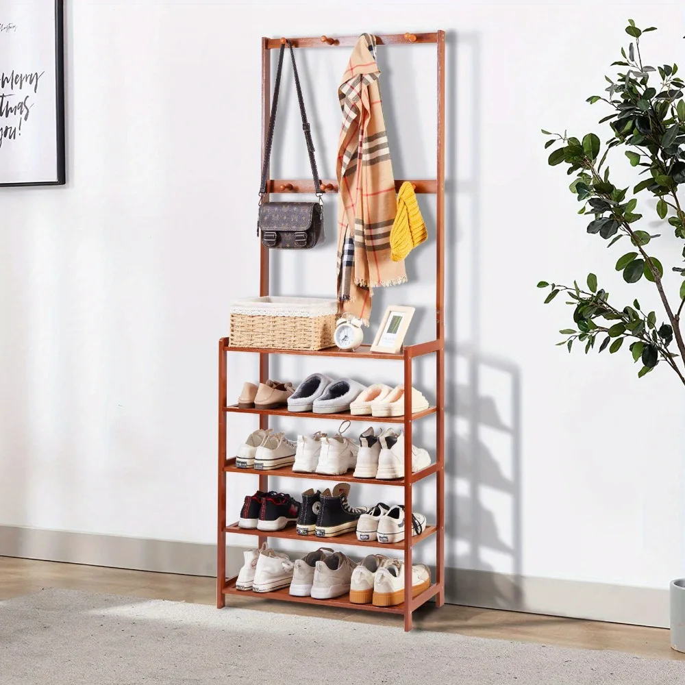 Heavy Duty 5 Tier Shoe Rack Coat Stand Hall Tree Storage Shelves 8 Hooks for Entryway, Bedroom, Brown
Heavy Duty 5 Tier Shoe Rack Coat Stand Hall Tree Storage Shelves 8 Hooks for Entryway, Bedroom, Brown