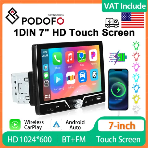 Podofo 7-calowy 1Din Radio Samochodowe z CarPlay i Android Auto, Odtwarzacz Multimedialny MP5 z Ekranem Dotykowym, Uniwersalne Autoradio Stereo z Ładowaniem USB