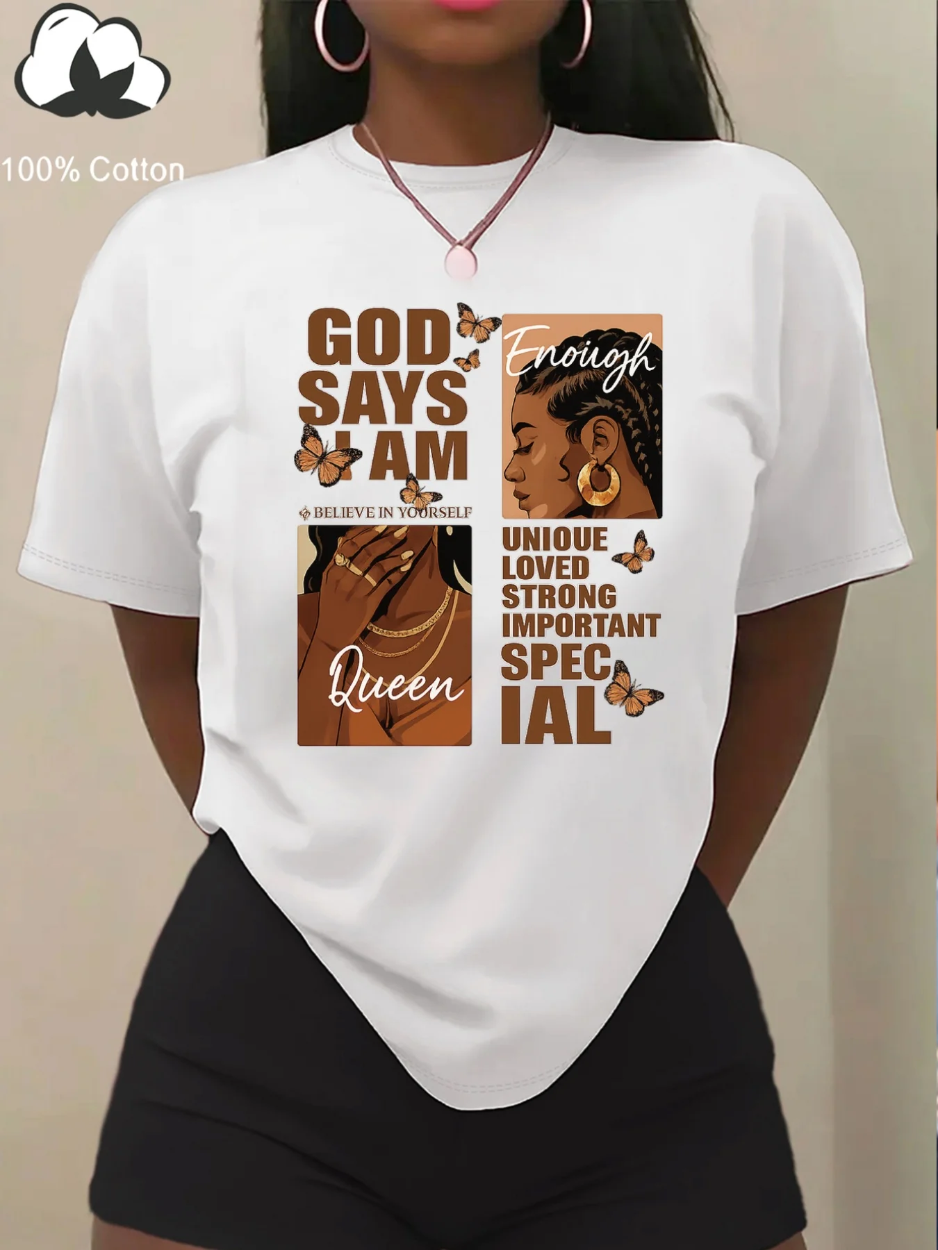 Женская повседневная футболка с коротким рукавом из 100% хлопка God Says I Am Believe in Ye & Enough с принтом и дизайном бабочки Комфортная посадка
Женская повседневная футболка с коротким рукавом из 100% хлопка God Says I Am Believe in Ye & Enough с принтом и дизайном бабочки Комфортная посадка