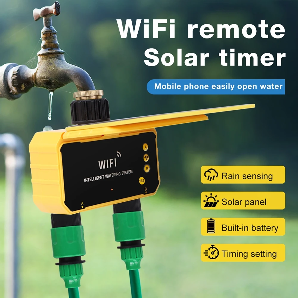 Solar Timed Watering Sprinkler with 2 ZONE Outlet, Outdoor Irrigation Timer WiFi Smart Control Automatic Irrigation System Part
Solar Timed Watering Sprinkler with 2 ZONE Outlet, Outdoor Irrigation Timer WiFi Smart Control Automatic Irrigation System Part