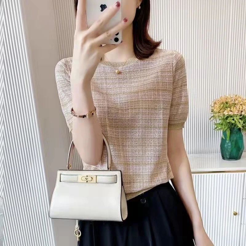 Slim Fit Linen Knitted Top Women round Neck Short Sleeve Base Shirt Comfortable Breathable Summer Fashion Casual Wear
Slim Fit Linen Knitted Top Women round Neck Short Sleeve Base Shirt Comfortable Breathable Summer Fashion Casual Wear