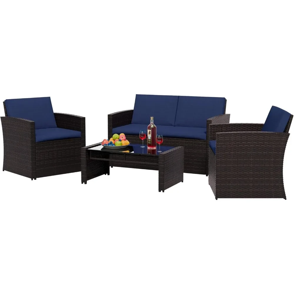 4 Pcs Patio Furniture Set, Outdoor All-Weather PE Rattan Wicker Conversaion Set with Glass Top Table, 2 Fixed Chairs
4 Pcs Patio Furniture Set, Outdoor All-Weather PE Rattan Wicker Conversaion Set with Glass Top Table, 2 Fixed Chairs