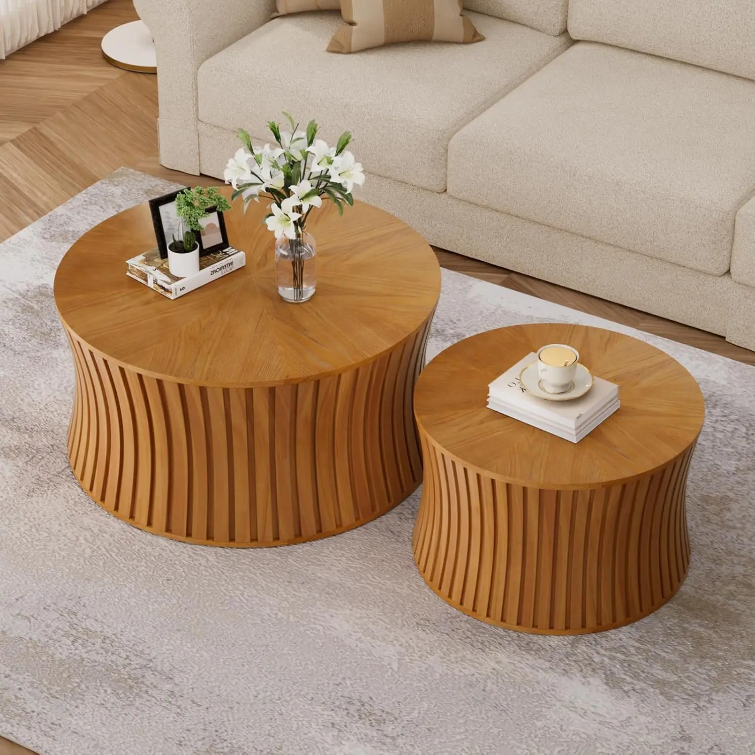 Fluted Round Nesting Coffee Table Set of 2, Wooden Embossed Design Coffee Table, Mid Century Modern End Table Set,, Customized
Fluted Round Nesting Coffee Table Set of 2, Wooden Embossed Design Coffee Table, Mid Century Modern End Table Set,, Customized