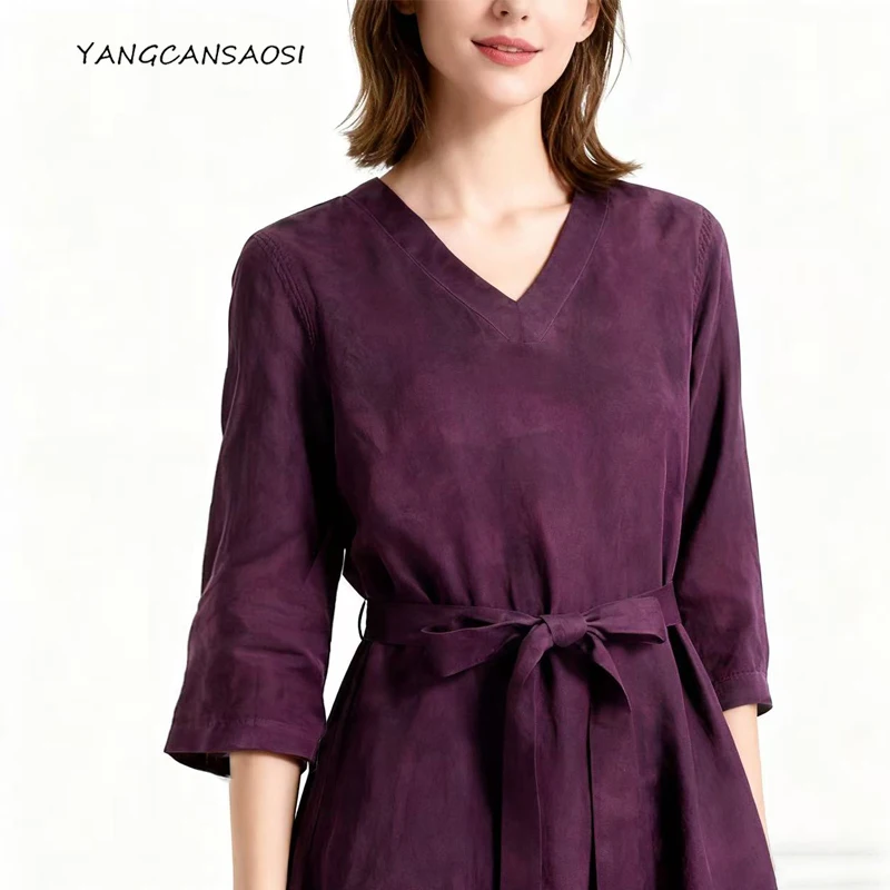 Women's Fashion Summer New Retro Purple 100% Natural Mulberry Silk Gambiered Guangdong Gauze V-neck Three-quarter Sleeve Dress
Women's Fashion Summer New Retro Purple 100% Natural Mulberry Silk Gambiered Guangdong Gauze V-neck Three-quarter Sleeve Dress