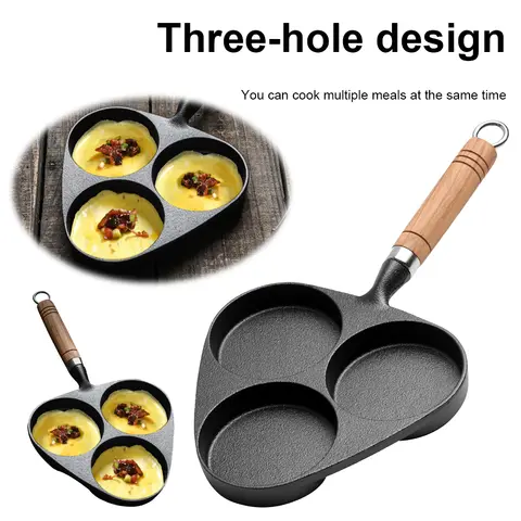 Cast Iron Fried Egg Maker with Wooden Handle 3 Holes Breakfast Pancake Pan Non-Stick Egg Frying Pan Breakfast Grill Cooking Pot