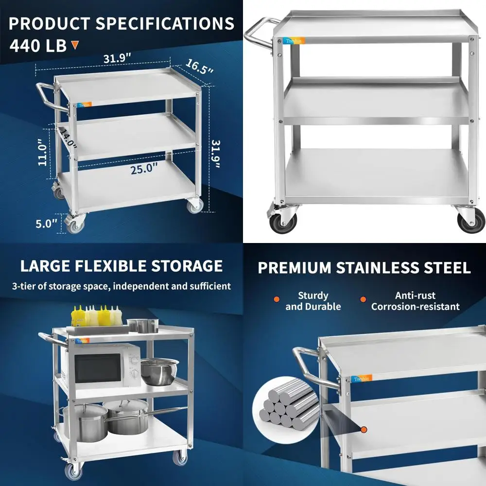 Commercial Grade 3-Tier Stainless Steel Utility Cart with Wheels for Kitchen, Restaurant, Hospital, and Hotel - 16.5W x 27.6L x
Commercial Grade 3-Tier Stainless Steel Utility Cart with Wheels for Kitchen, Restaurant, Hospital, and Hotel - 16.5W x 27.6L x