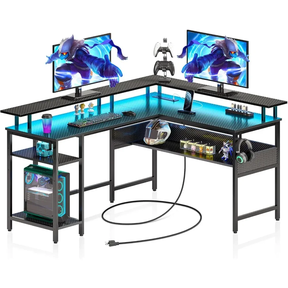 Computer Desk with LED Lights and Power Outlets, Carbon Fiber Surface, Reversible L Shaped Gaming Desk with Monitor Stand
Computer Desk with LED Lights and Power Outlets, Carbon Fiber Surface, Reversible L Shaped Gaming Desk with Monitor Stand
