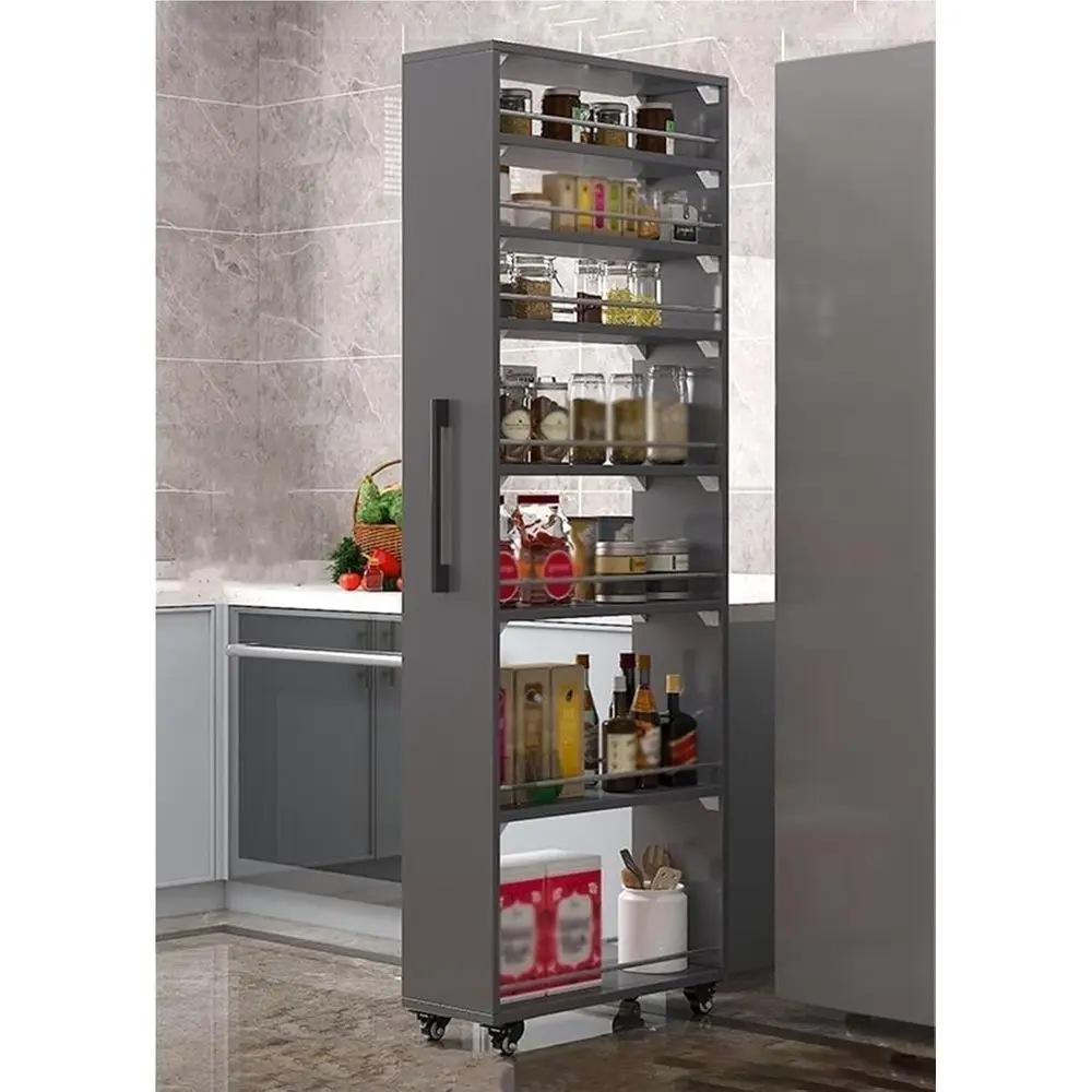 Серая подставка для специй на 72,4 см с 7 ярусами, ручкой и колесиками для хранения в кладовой или на кухне
Серая подставка для специй на 72,4 см с 7 ярусами, ручкой и колесиками для хранения в кладовой или на кухне