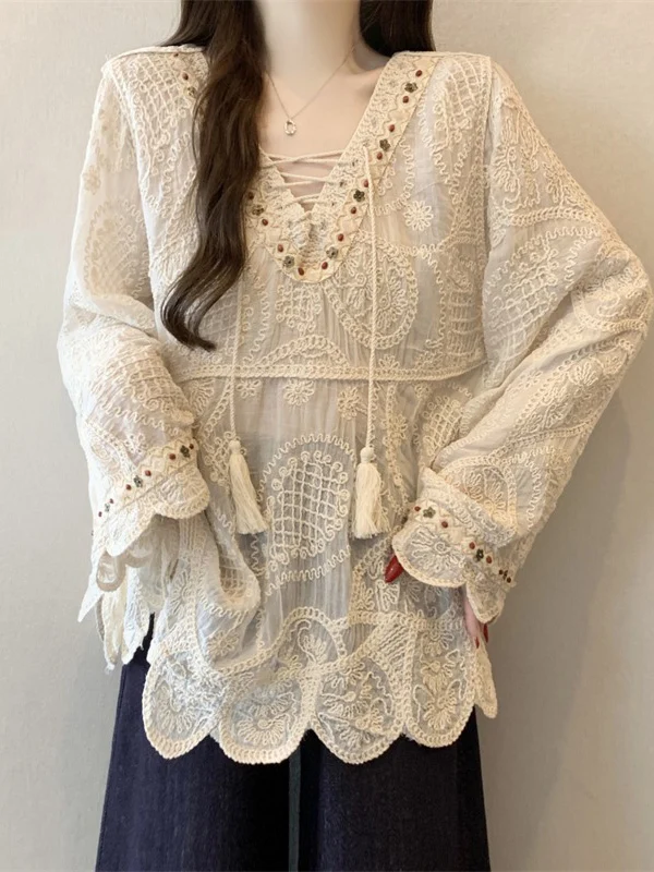 Lace Embroidery V-neck Shoulder-Length Women's Shirt Bohemian Style plus Size Spring 2026 Commute Fashion Korean Version Loos...
Lace Embroidery V-neck Shoulder-Length Women's Shirt Bohemian Style plus Size Spring 2026 Commute Fashion Korean Version Loos...