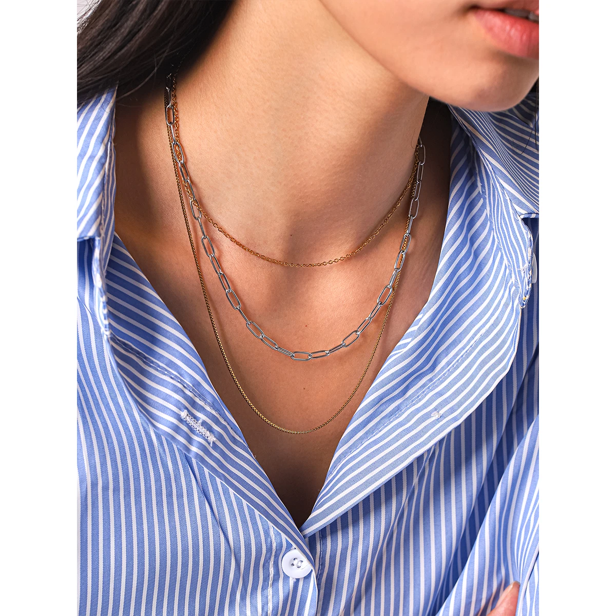 18K Gold Plated Stainless Steel Triple Layer Paperclip Box Chain Necklace Vintage Layered Link Chain for Women Daily Wear Gift
18K Gold Plated Stainless Steel Triple Layer Paperclip Box Chain Necklace Vintage Layered Link Chain for Women Daily Wear Gift