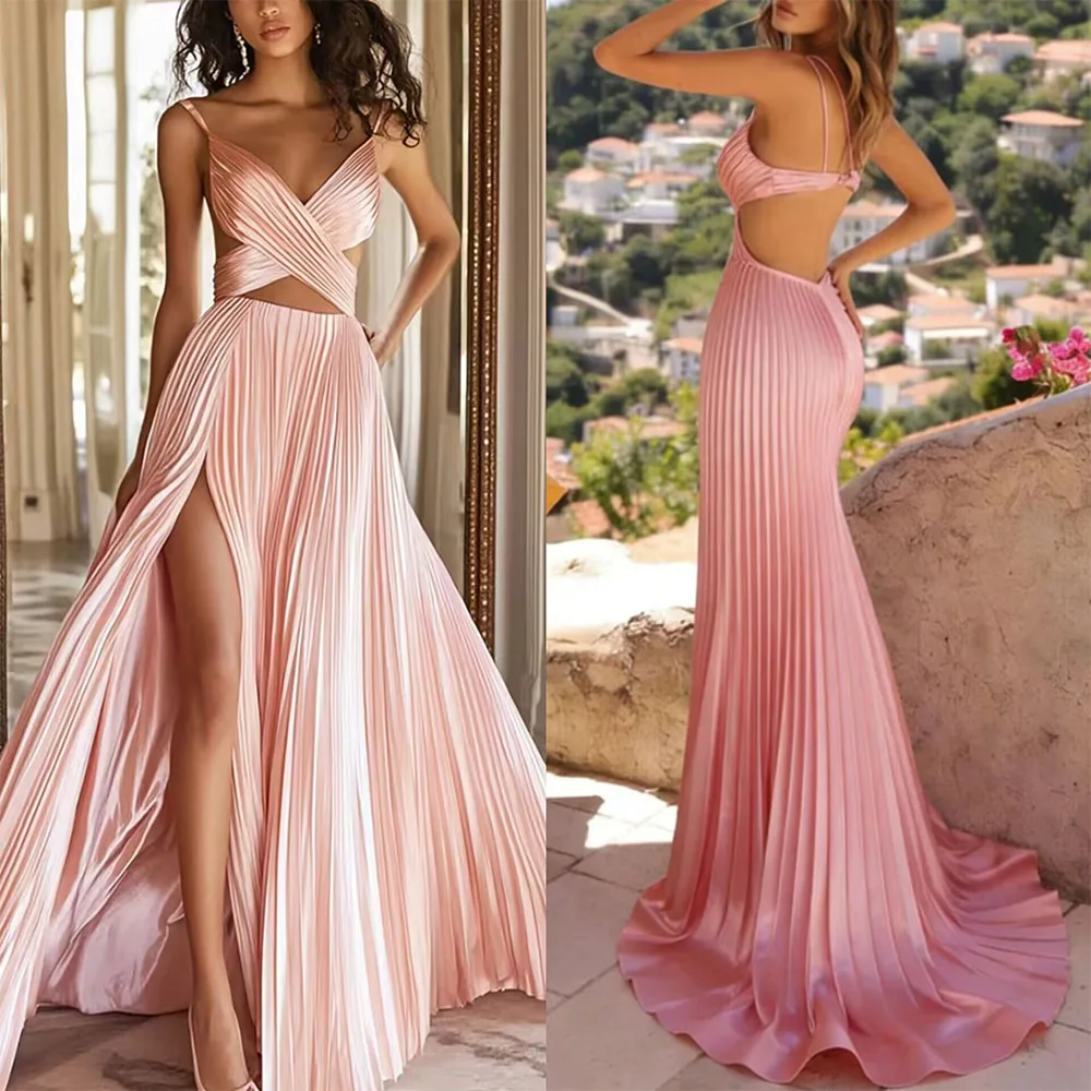 High Quality Customized V-neck Thin Suspenders Sleeveless Pink High Fork Sweep Train Wedding Guest Dresses Robes De Soirée فستان
High Quality Customized V-neck Thin Suspenders Sleeveless Pink High Fork Sweep Train Wedding Guest Dresses Robes De Soirée فستان
