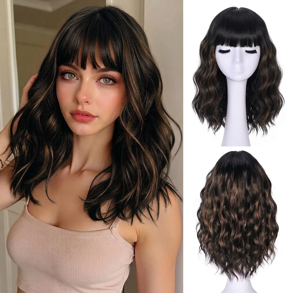 Black Mixed Brown Bob Wig with Bangs Synthetic Curly Hair Natural Shoulder Length Colorful Wig for Women And Girls Daily Use
Black Mixed Brown Bob Wig with Bangs Synthetic Curly Hair Natural Shoulder Length Colorful Wig for Women And Girls Daily Use