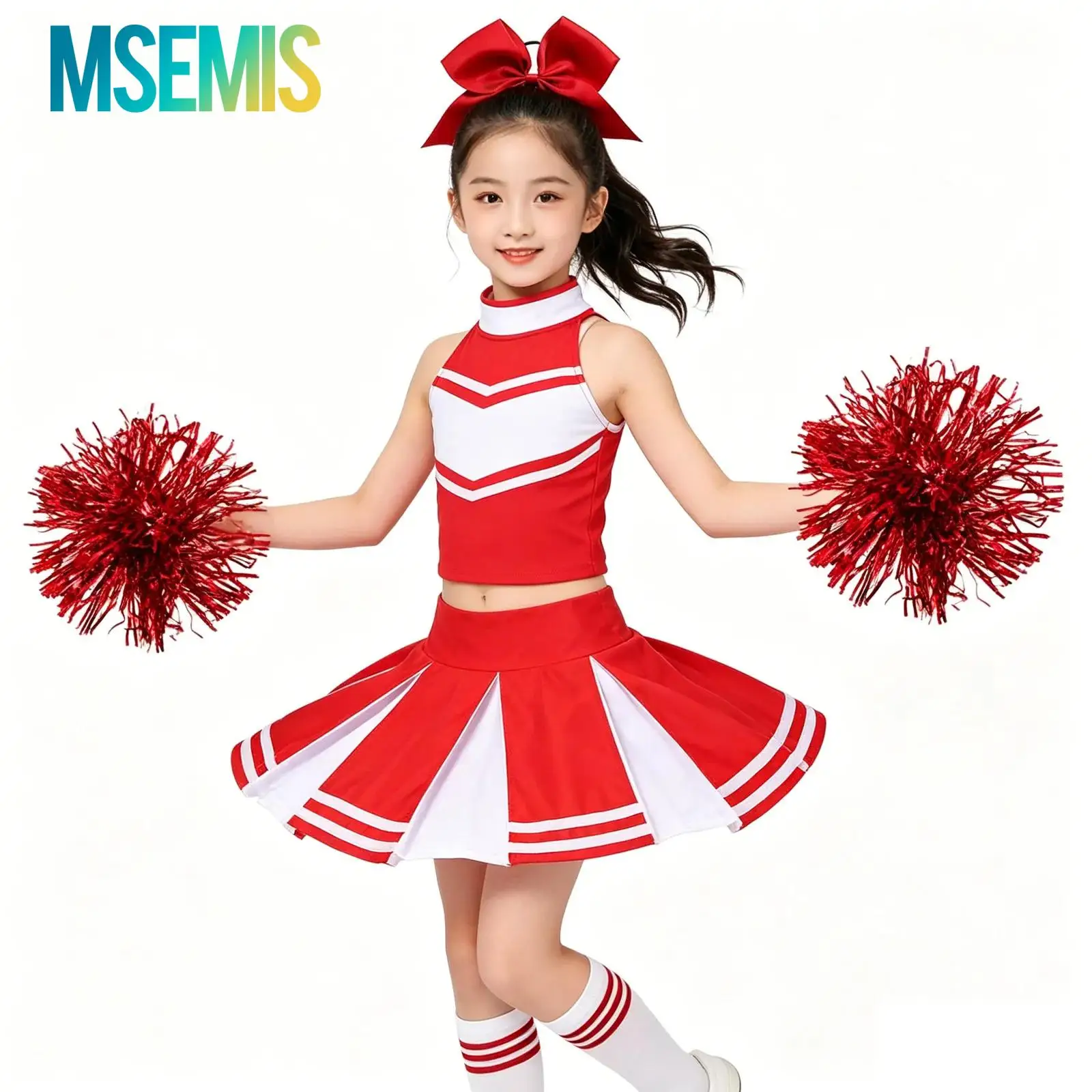 Kids Girls Cheerleading Costume Set Zippered Tops Pleated Skirt with 1Pc Bowknot Headwear 2Pcs Hand Flowers Striped Tube Socks
Kids Girls Cheerleading Costume Set Zippered Tops Pleated Skirt with 1Pc Bowknot Headwear 2Pcs Hand Flowers Striped Tube Socks