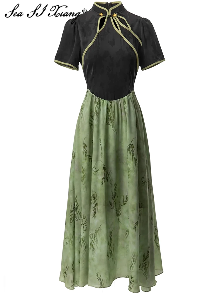 Seasixiang Fashion Designer Summer Vintage Dress Women's Hollow Out Stand Collar Short Sleeve Floral Print Chinese Style Dresses
Seasixiang Fashion Designer Summer Vintage Dress Women's Hollow Out Stand Collar Short Sleeve Floral Print Chinese Style Dresses