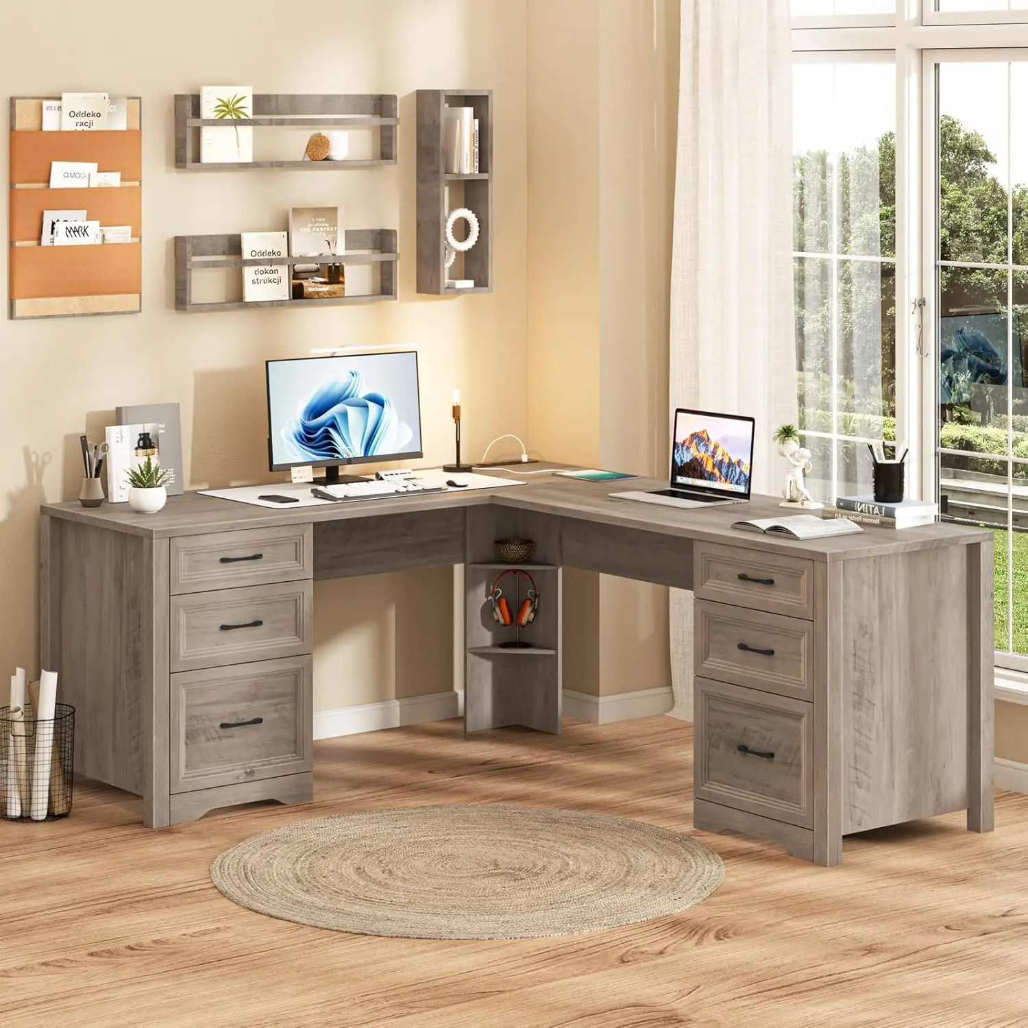 Farmhouse Home Office Desk with 6 Drawers, L Shaped Executive Desk with Power Outlets and Triangle Under-Desk Storage Shelf & D
Farmhouse Home Office Desk with 6 Drawers, L Shaped Executive Desk with Power Outlets and Triangle Under-Desk Storage Shelf & D