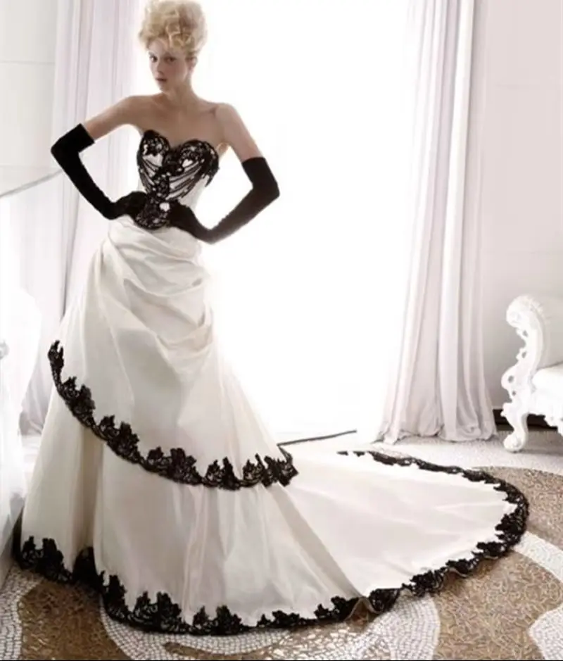 Gothic Black And White Wedding Dress Ruched Long Train Vintage Bridal Gown Lace Customized Strapless Sweetheart Vestido De Novia
Gothic Black And White Wedding Dress Ruched Long Train Vintage Bridal Gown Lace Customized Strapless Sweetheart Vestido De Novia
